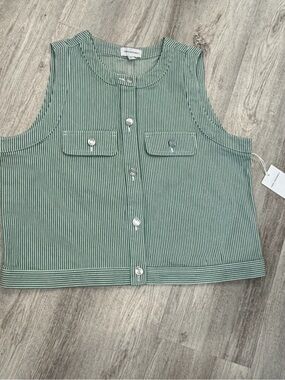 NWT Button front Sleeveless Denim Vest  Green White Stripe Free Assembly XS